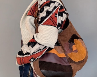 Slouchy Leather Shoulder Bag, Chevron and Botanical Mashup Art Bag, Upcycled and OOAK