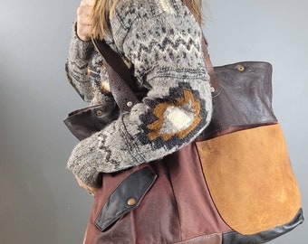 Waxed Canvas and Leather Tote Bag, Upcycled Mixed Materials, OOAK Casual Shoulder Bag