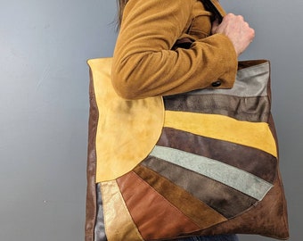 Sweet Retro Sunrise Patchwork Leather Tote Bag, Upcycled and OOAK
