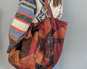 Vintage 70s Patchwork Leather Tote Bag, Big Slouchy Retro Leather Shoulder Bag, Upcycled and OOAK