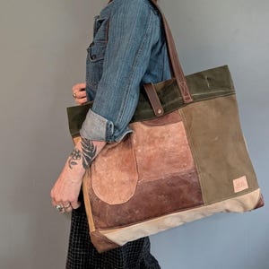 Upcycled Military Canvas & Leather Shoulder Bag: Distressed Casual Tote