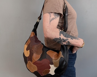 Black Smooshy Leather Crossbody Sling Bag, Abstract Patchwork, Upcycled and OOAK