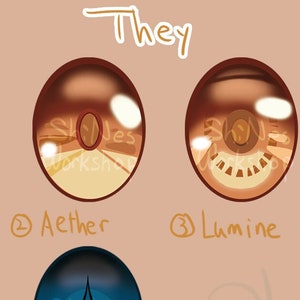 May include: A digital illustration of ten different eye designs, each with a unique color scheme and detail. The eyes are labeled with numbers 1 through 10 and names such as "She", "Aether", "Lumine", and "Paimon". The image includes the text "They" at the top and "ShiNes Workshop" at the bottom.