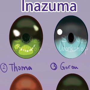 May include: A chart of 14 different anime eyes, each with a unique color scheme and design. The eyes are labeled with numbers and the names of characters from the video game Genshin Impact. The title of the chart is "Inazuma".