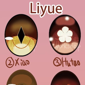 May include: A chart of 16 different eye designs, each with a unique color scheme and pattern. The eyes are labeled with numbers and the names of characters from the video game Genshin Impact. The characters are all from the Liyue region.