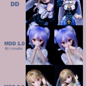 May include: A collage of three different doll types: DD, MDD 1.0, and MDD 2.0. Each type features two dolls with different outfits and hairstyles. The dolls have detailed facial features and are posed in various positions. The background is a gradient of purple and black.