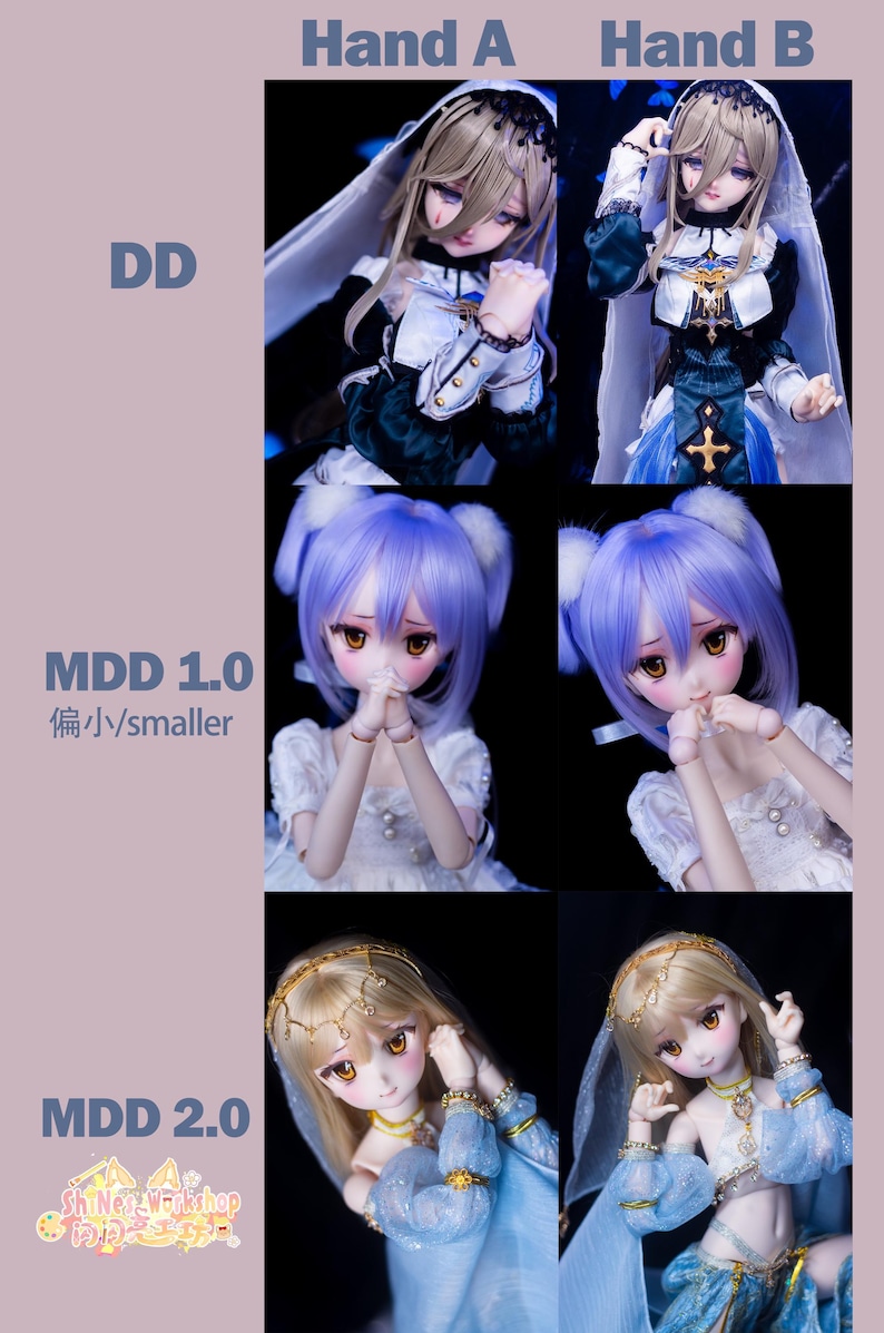 May include: A collage of three different doll types: DD, MDD 1.0, and MDD 2.0. Each type features two dolls with different outfits and hairstyles. The dolls have detailed facial features and are posed in various positions. The background is a gradient of purple and black.