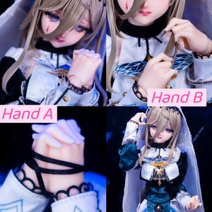 May include: A doll with a pale complexion, dressed in a white and teal outfit with black details. The doll has long, light brown hair and is shown with its hands in various positions. The doll's face has a sad expression.