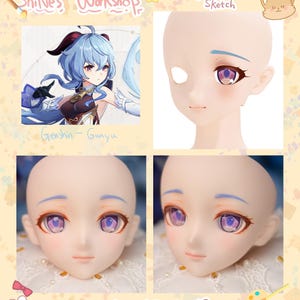 Puede incluir: Imagen que muestra diseños de maquillaje facial de muñecas. Arriba a la izquierda, el personaje Ganyu de Genshin Impact. Arriba a la derecha, un boceto digital de una cara de muñeca. Las dos imágenes inferiores muestran el maquillaje facial real, con maquillaje de ojos detallado y rubor.