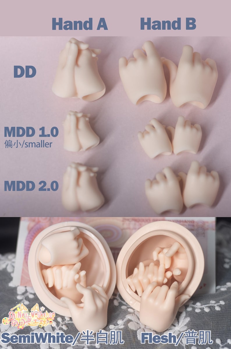 May include: A collection of pale pink doll hands in various poses and sizes, labeled DD, MDD 1.0, and MDD 2.0. The image includes text that reads "Hand A" and "Hand B". The bottom of the image shows two doll heads with hands inside. The text "SemiWhite" and "Flesh" is also visible.