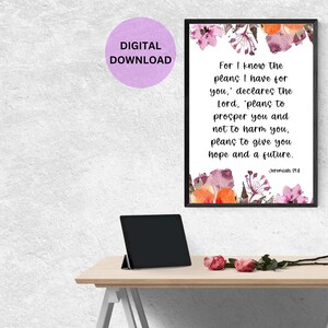 Jeremiah 29:11 Printable Wall Art, Bible Quote Art Print, Christian Wall Art Decor, For I Know the Plans Printable Bible Verse