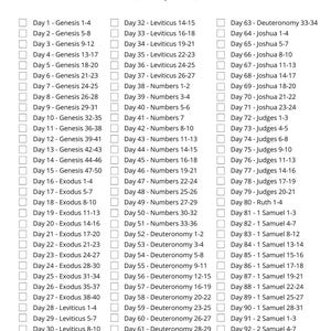 May include: A white page with a 365 Days Bible Reading Plan. The text includes a list of Bible readings, starting with Genesis and ending with 2 Samuel. The page is decorated with floral elements.