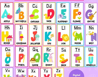 Bunte Alphabet Karteikarten/ Anfang Sound Karten/ ABC Karteikarten/ Alphabet druckbare Karteikarten / Lern-Lernkarten/ ABC druckbare