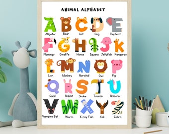 Cute Animal Alphabet Poster, Animal Alphabet Wall Art, Animal Alphabet Poster, Nursery Wall Art, Printable Animal Alphabet, Playroom Décor