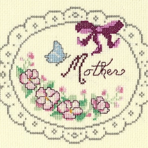 Voltooid "Moeder" kruissteekontwerp met bloemen en vlinders - aangepaste kaart of floss box insert