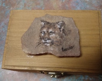 Jewelry box, handmade, with cougar stone painting