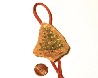 Christmas Tree Ornament - MADE TO ORDER - Watercolor on Light sandstone, hangs with red leather chord