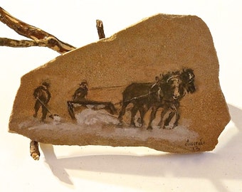 Horse plow - original Watercolor painting on sandstone with a tree branch st. Great mantlepiece, rustic home decor,  farm painting,  or gift