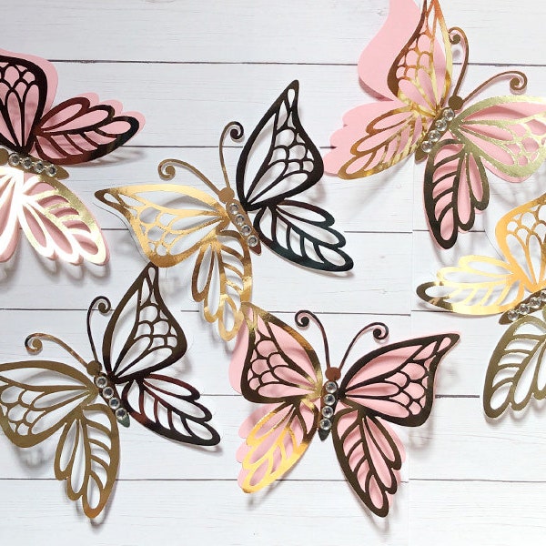 Paper butterfly  cutouts  3D gold paper butterflies pink butterfly die cuts white butterflies 3D gold butterfly cutouts butterfly wall art