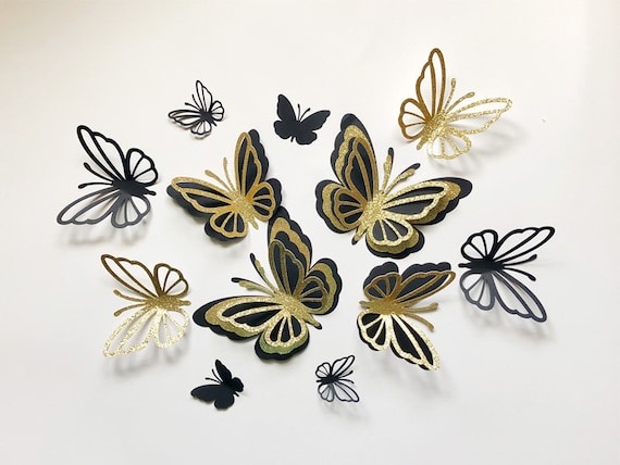 Download 3d Paper Butterfly 3d Gold And Black Paper Butterflies Gold Glitter Paper Butterfly Die Cuts Black