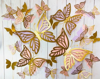 3D light purple and pink paper butterflies butterfly cutouts butterfly wall arts pink purple butterflies gold butterfly wall decor