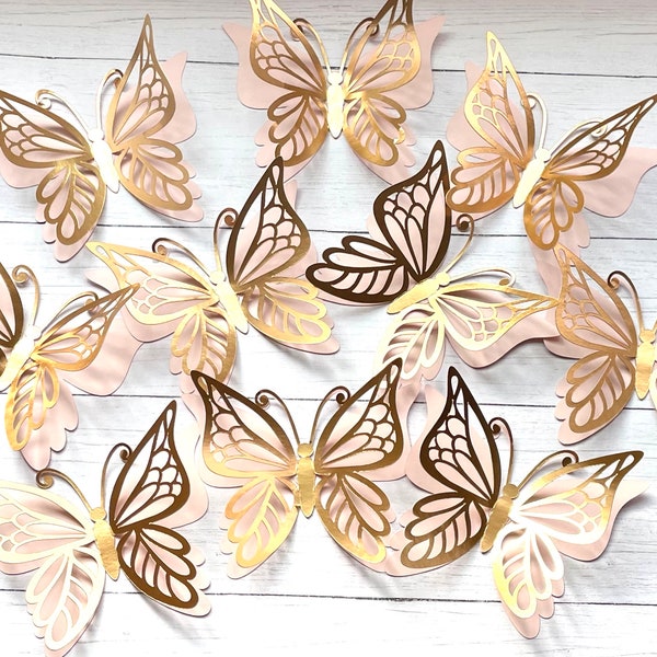 3D Blush pink and gold Paper butterfly cutouts pink paper butterflies pink 3D butterfly die cuts Blush pink butterfly decor