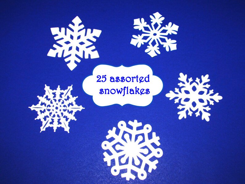 25 Assorted Paper snowflakes/White Snowflake paper die cuts/ 25 Snowflake cutouts / Snowflake Paper Punch/ Paper Snowflake image 1