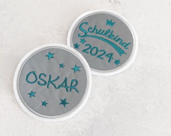 SET Schulkind 2024 Klett Patch reflektierend Einschulung Schultüte Klettbild petrol Name