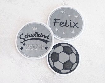 großes SET Schulkind 2024 Klett Patch reflektierend Einschulung Schultüte Klettbild schwarz grau Name Fußball