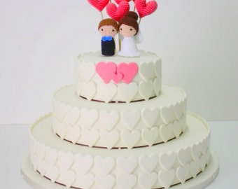 Wedding Cake Toppers (Bride, Groom and 6 Hearts)