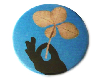 Four leaf clover, pinback button, magnet, bottle opener or compact mirror