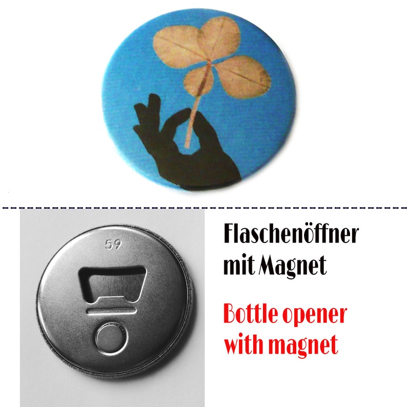 Four leaf clover, pinback button, magnet, bottle opener or compact mirror FlaschenöffnerMagnet