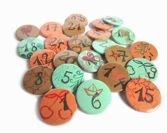 Buttons Advent calendar numbers, hand-stamped