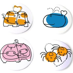 Liebestiere, Button, Magnet, Taschenspiegel oder Flaschenöffner.