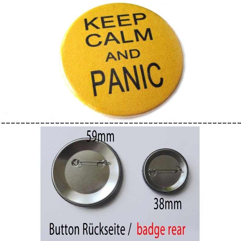 Button, Flaschenöffner, Magnet oder Taschenspiegel, keep calm and panic Bild 2