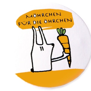 Button, magnet, pocket mirror, bottle opener, carrot