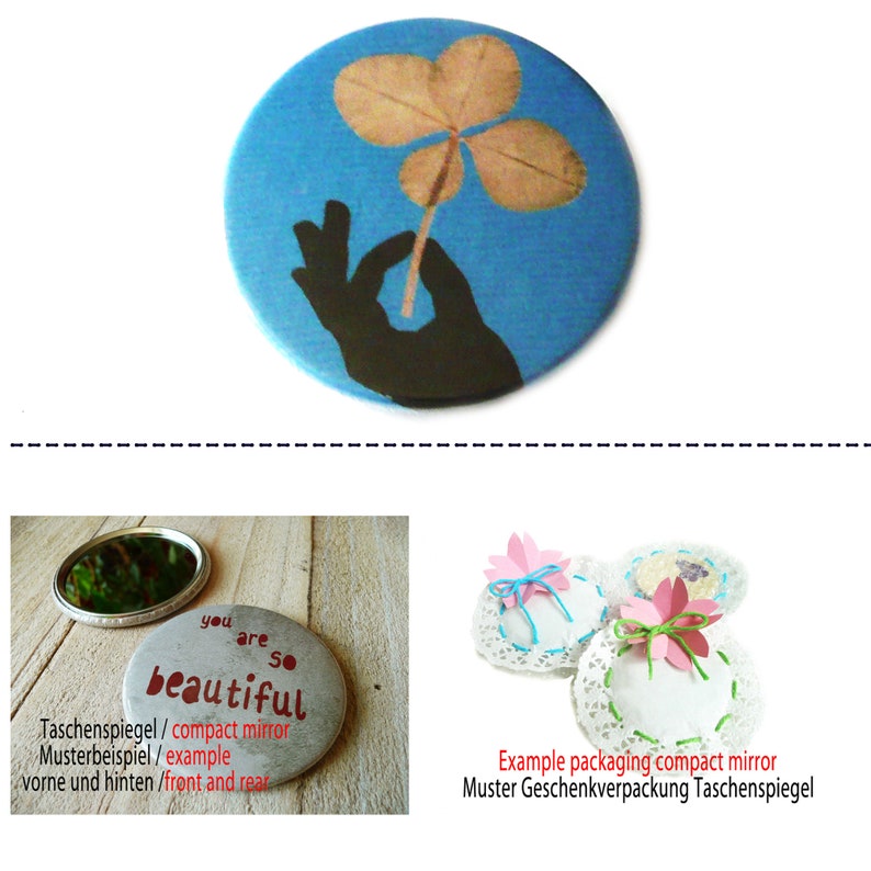 Four leaf clover, pinback button, magnet, bottle opener or compact mirror Taschenspiegel