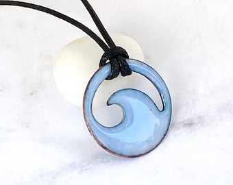 Light blue enamel mini wave necklace with black cord, personalization optional, unisex