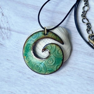 Seagreen Spirals on Spiral Enamel Necklace