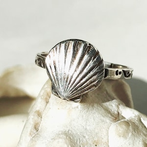 Personalized Recycled Fine Silver Seashell Ring with swirl stamped shank
