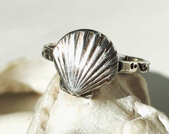 Personalized Recycled Fine Silver Seashell Ring with swirl stamped shank