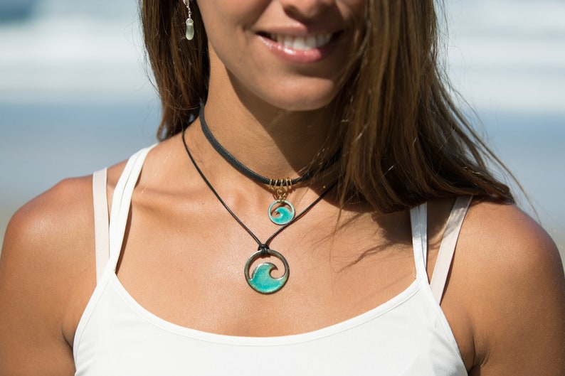 personalization optional Seagreen enamel mini wave choker with flat black cord
