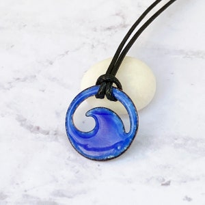 Royal blue enamel mini wave necklace with black waxed cotton cord