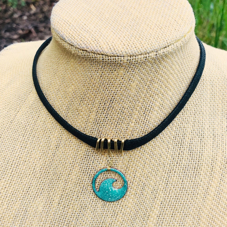 personalization optional Seagreen enamel mini wave choker with flat black cord