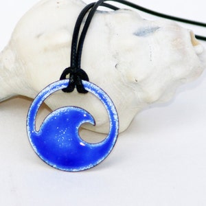 Royal blue enamel wave necklace with black waxed cotton cord, optional personalization