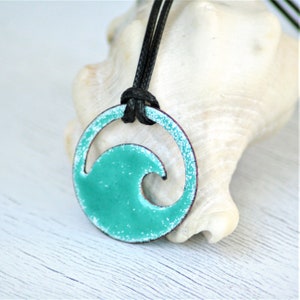 Seagreen enamel wave necklace with black cord, Personalization optional