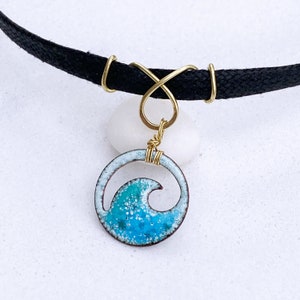 Blue green ocean bubbles enamel mini wave choker with flat black cord, personalization optional