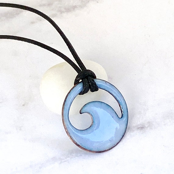 Light blue enamel mini wave necklace with black cord, personalization optional, unisex