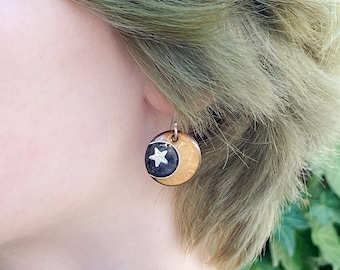 Moon and stars enameled earrings