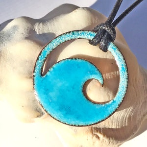Aqua blue enamel wave necklace with black cord, personalization optional